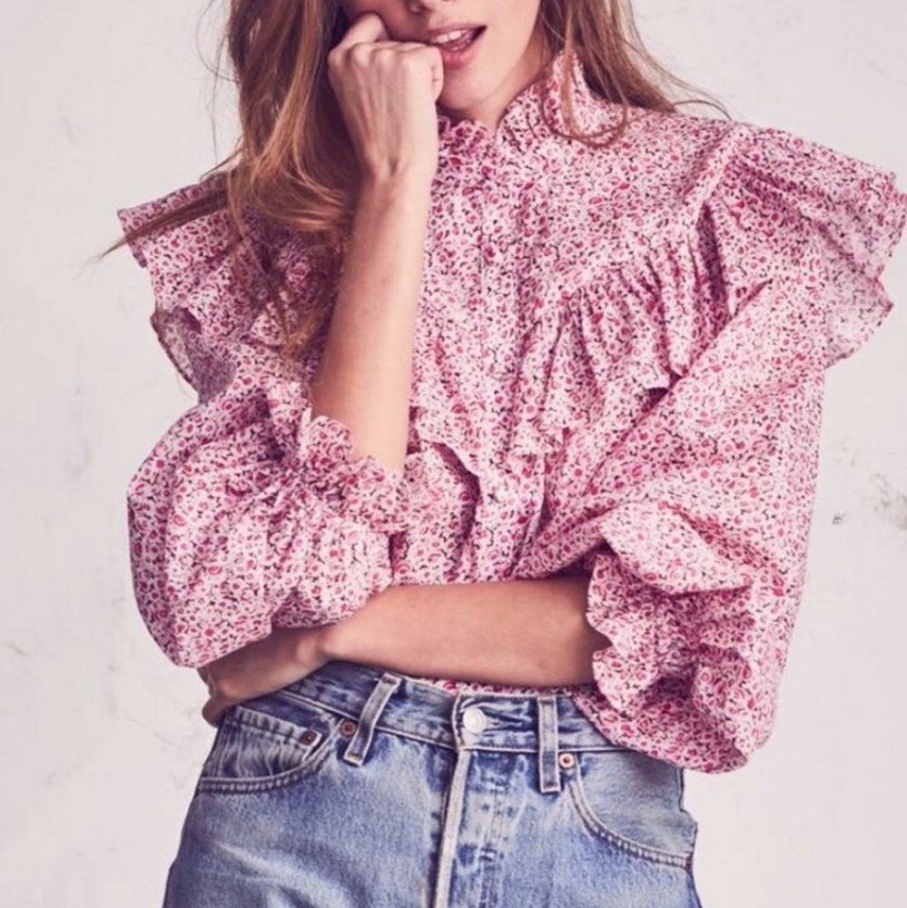 Loveshackfancy Erica Pink Floral Ruffle in Valentine Large